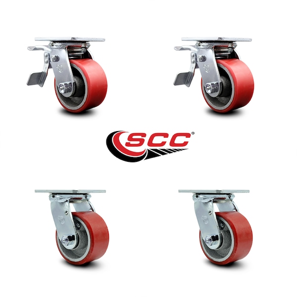 4 Inch Red Poly on Cast Iron Caster Set with Ball Bearing 2 Total Lock Brake SCC
